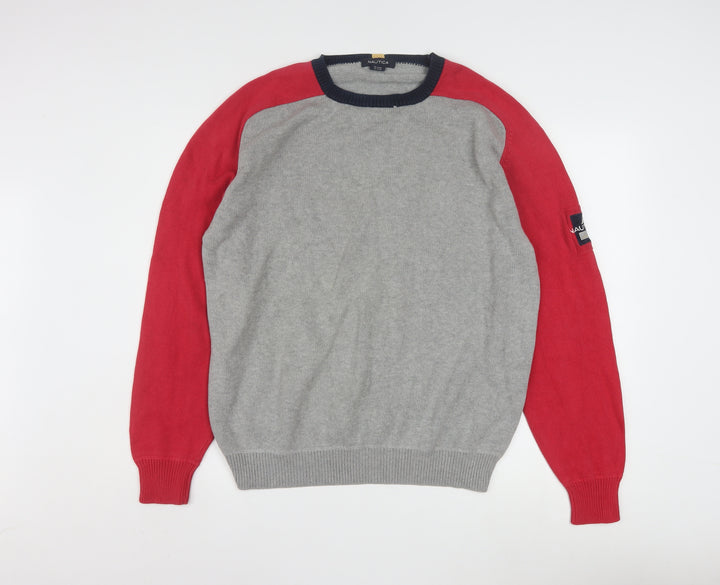 Nautica Men's Grey Red Cotton Crew Neck Pullover Jumper M