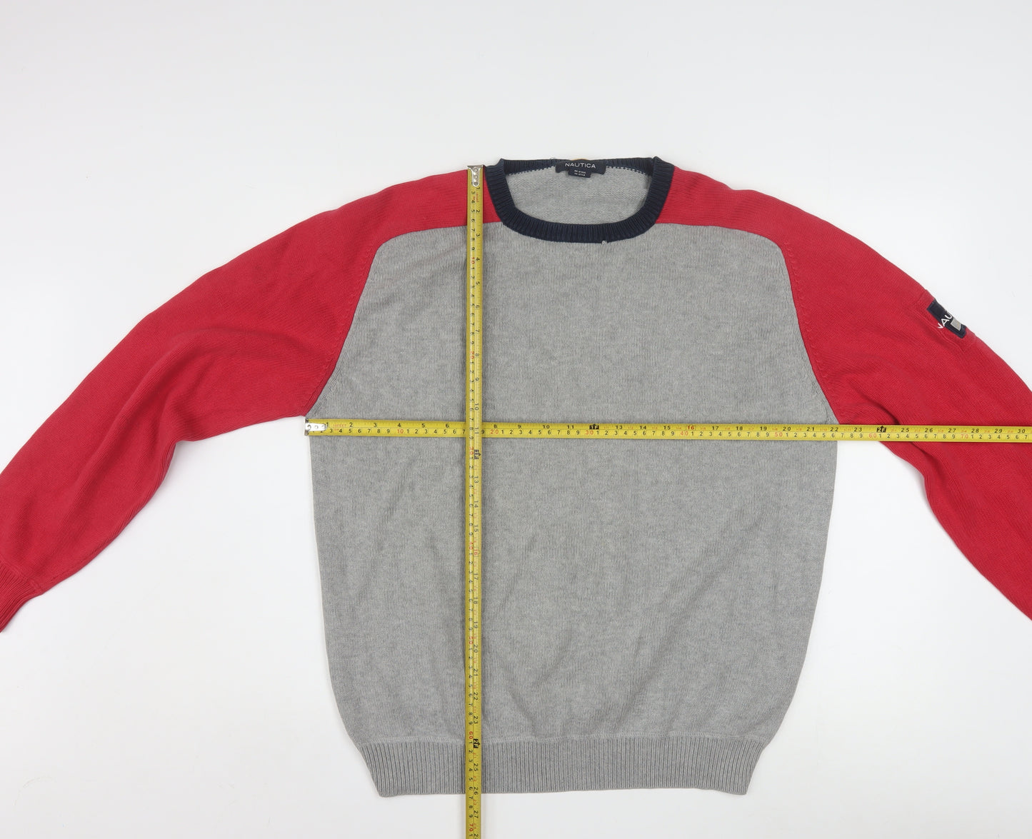 Nautica Men's Grey Red Cotton Crew Neck Pullover Jumper M
