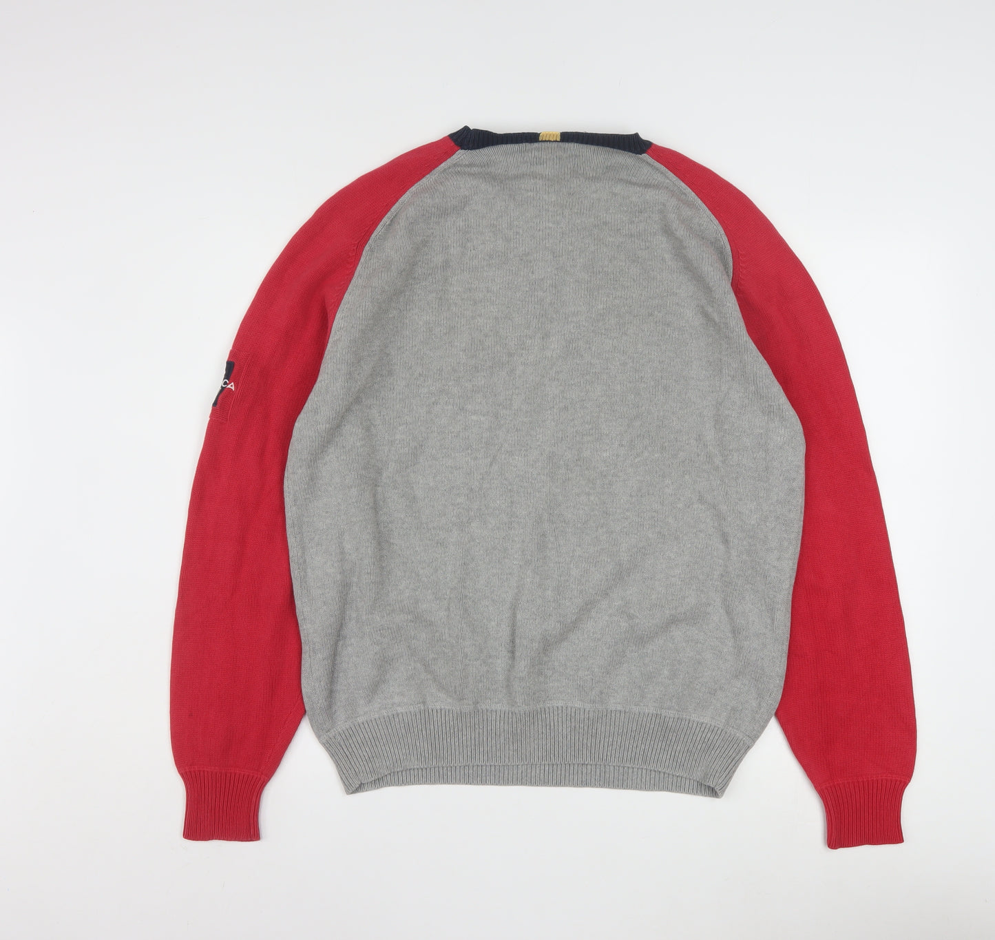 Nautica Men's Grey Red Cotton Crew Neck Pullover Jumper M