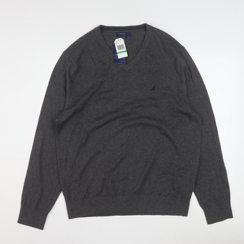 Nautica Men’s Grey V-Neck Pullover Jumper L Cotton Blend