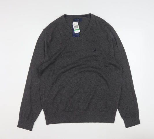 Nautica Men’s Grey V-Neck Pullover Jumper L Cotton Blend