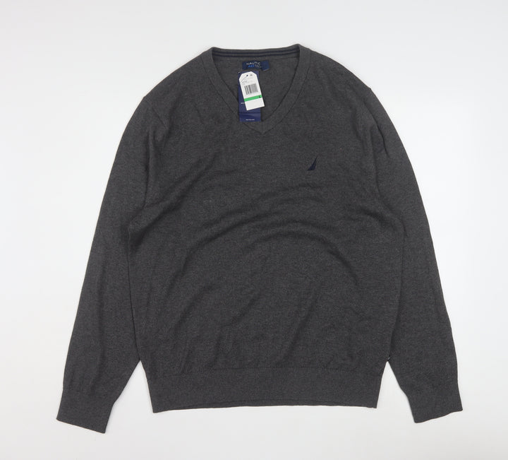 Nautica Men’s Grey V-Neck Pullover Jumper L Cotton Blend