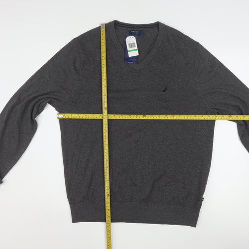 Nautica Men’s Grey V-Neck Pullover Jumper L Cotton Blend