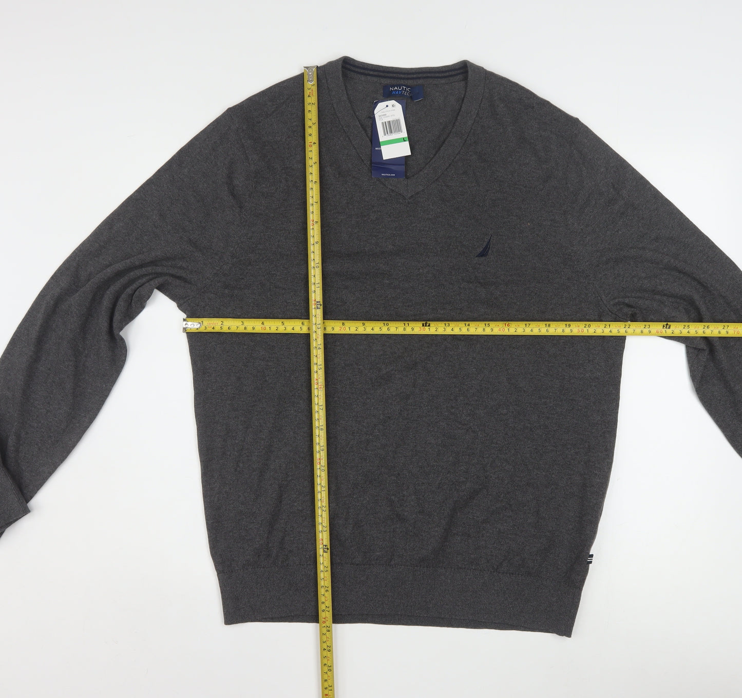 Nautica Men’s Grey V-Neck Pullover Jumper L Cotton Blend