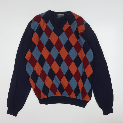 Lyle & Scott Men's Multicoloured Argyle V-Neck Cotton Jumper M