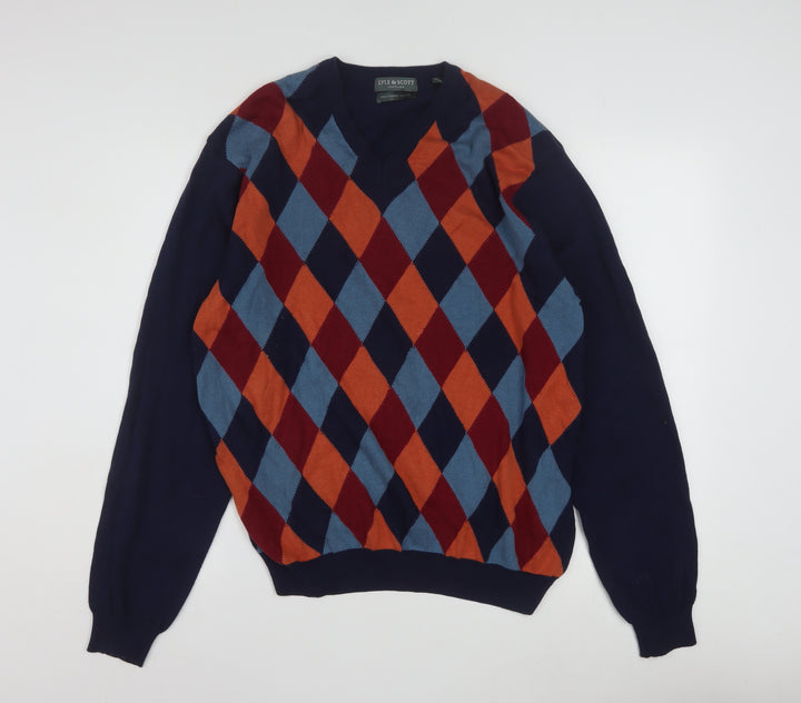 Lyle & Scott Men's Multicoloured Argyle V-Neck Cotton Jumper M