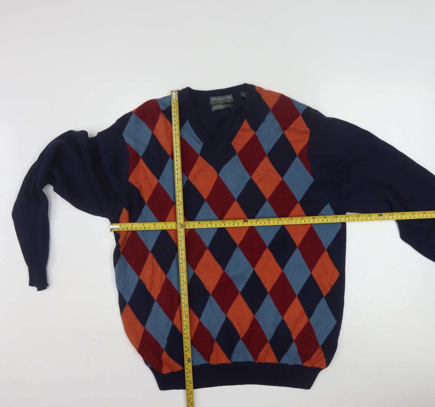 Lyle & Scott Men's Multicoloured Argyle V-Neck Cotton Jumper M