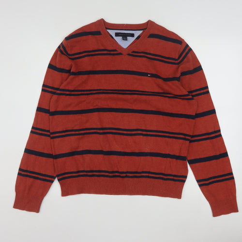 Tommy Hilfiger Men's Red Striped V-Neck Cotton Jumper Size M