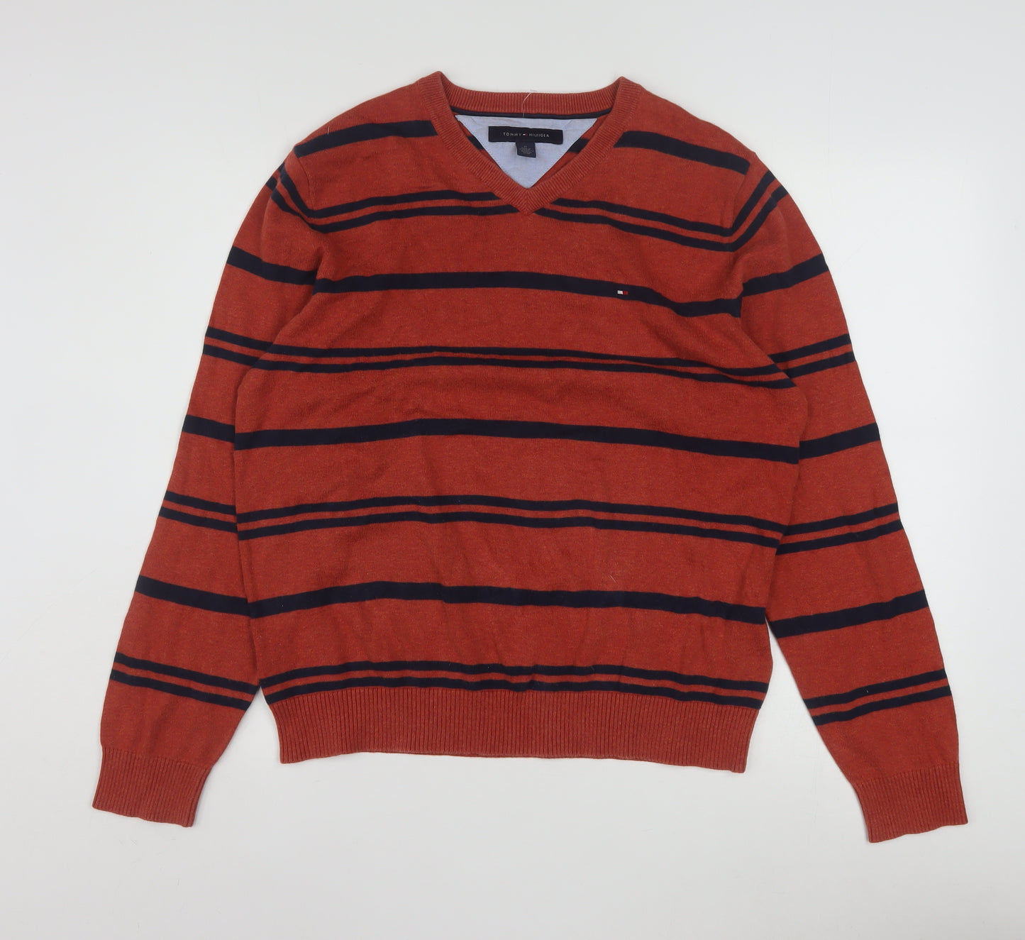 Tommy Hilfiger Men's Red Striped V-Neck Cotton Jumper Size M