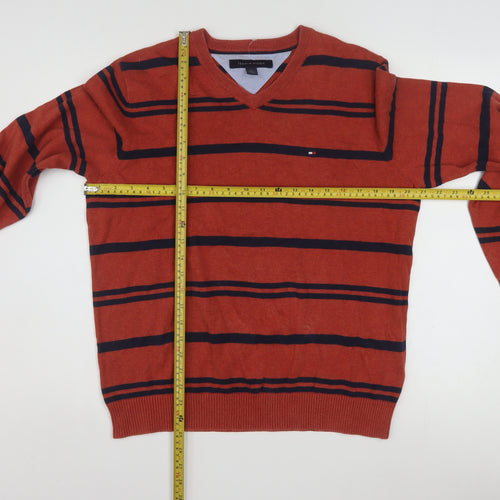 Tommy Hilfiger Men's Red Striped V-Neck Cotton Jumper Size M