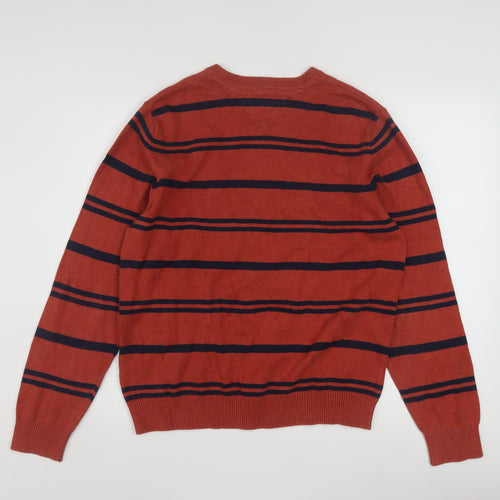 Tommy Hilfiger Men's Red Striped V-Neck Cotton Jumper Size M