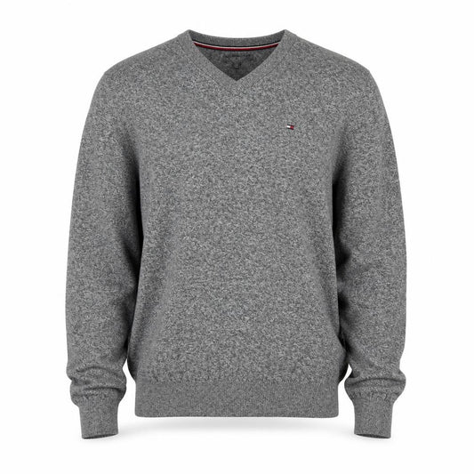 Front view of Tommy Hilfiger Men's Grey Cotton V-Neck Jumper M