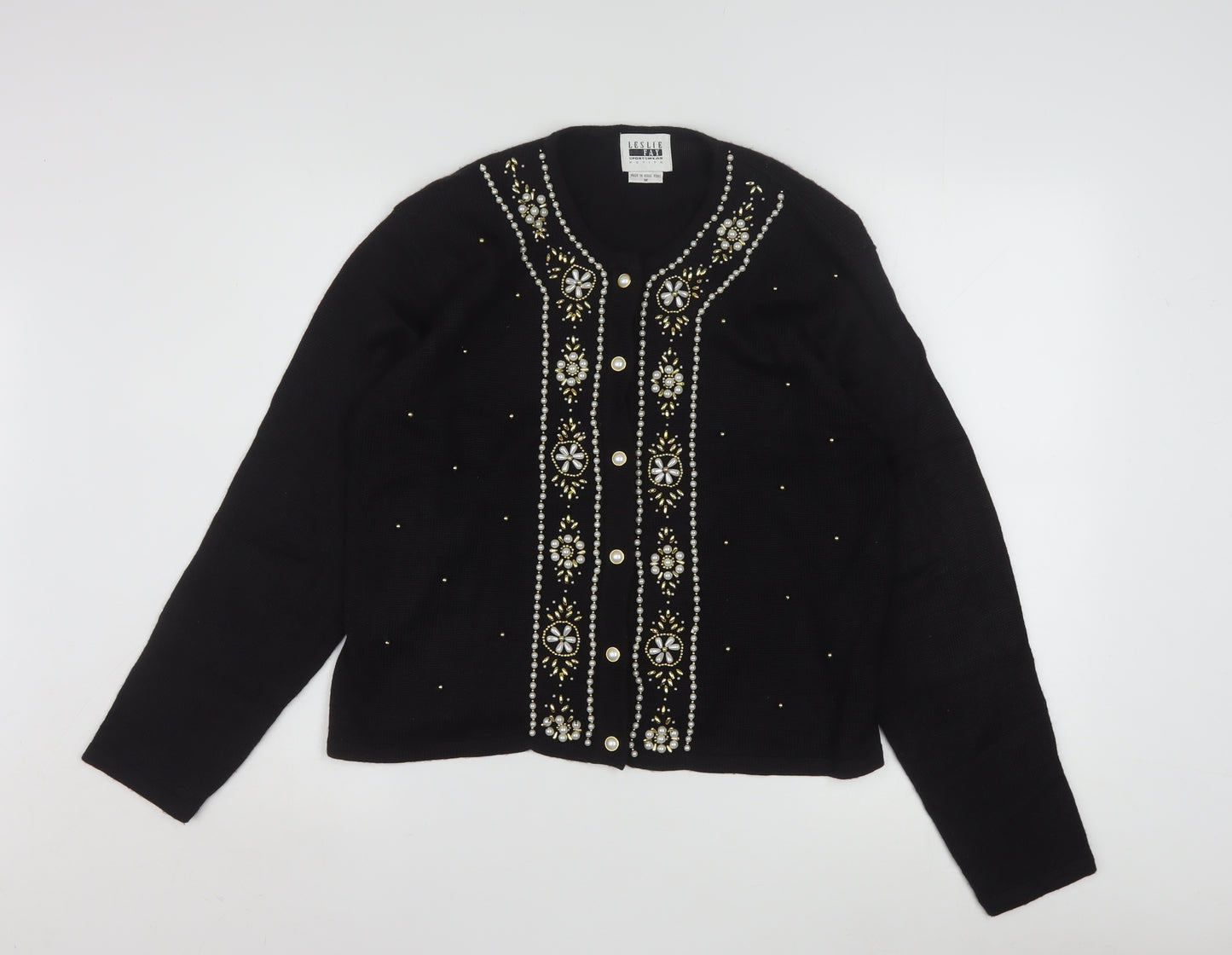 Leslie Fay Womens Black Beaded Petite Cardigan Size M