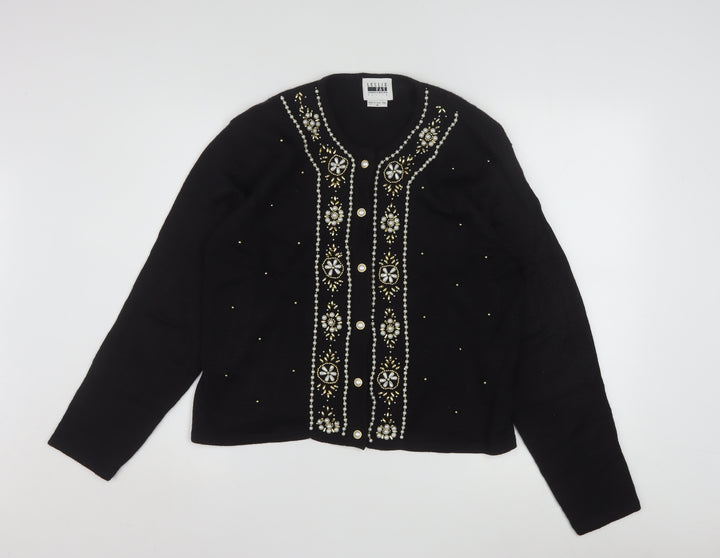 Leslie Fay Womens Black Beaded Petite Cardigan Size M