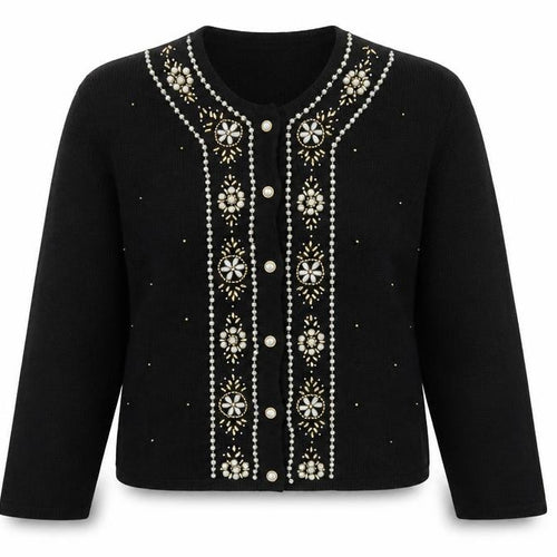Leslie Fay Womens Black Beaded Petite Cardigan Size M