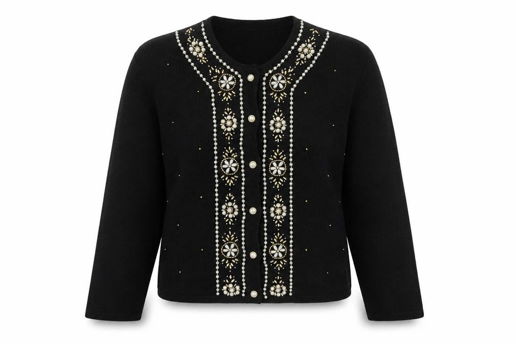 Leslie Fay Womens Black Beaded Petite Cardigan Size M