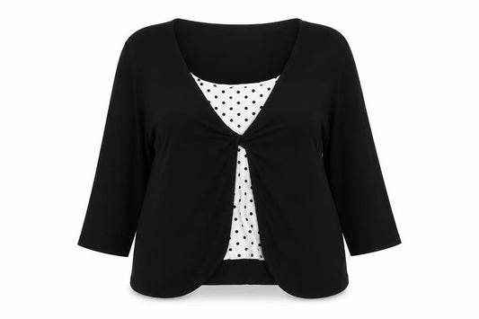 Front view of Alex & Co. women’s black polka dot 3/4 sleeve viscose tunic blouse, size UK 16