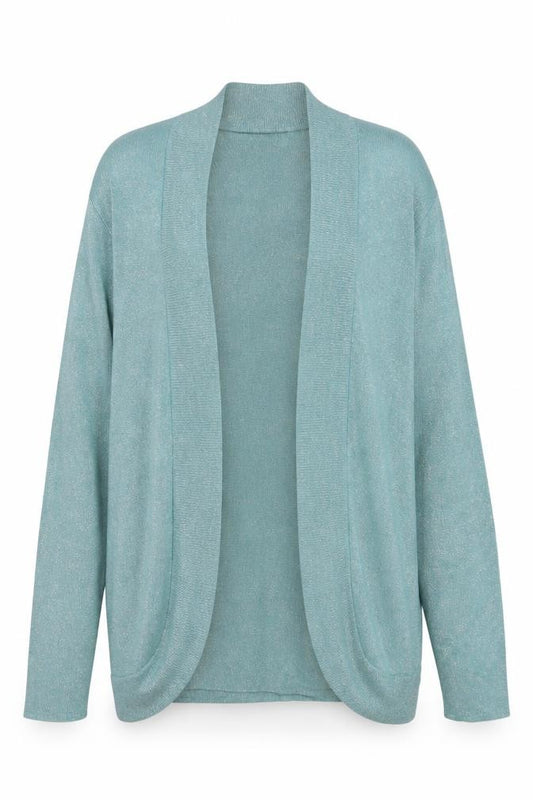 Front view of Susan Graver Women’s Green Long Sleeve Open Cardigan, size S