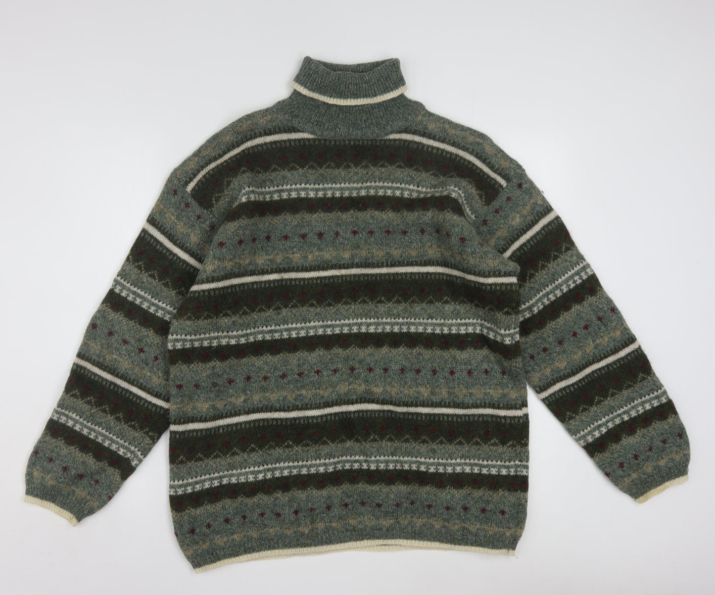 San Francisco Collection Men's Green Wool Fair Isle Roll Neck Jumper M