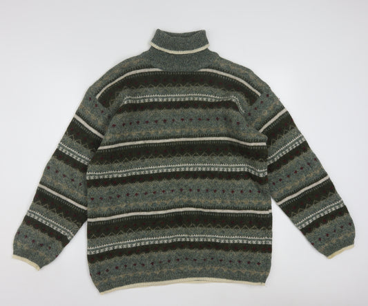 San Francisco Collection Men's Green Wool Fair Isle Roll Neck Jumper M