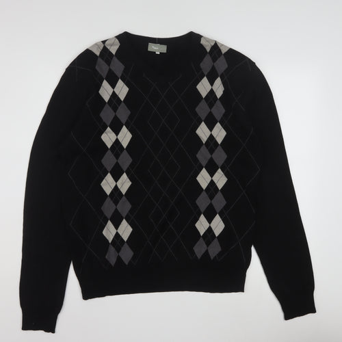 Nassmon Men's Black Argyle V-Neck Pullover Jumper Size L