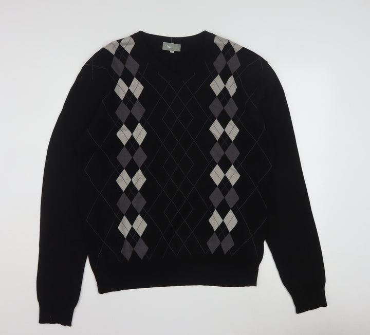 Nassmon Men's Black Argyle V-Neck Pullover Jumper Size L