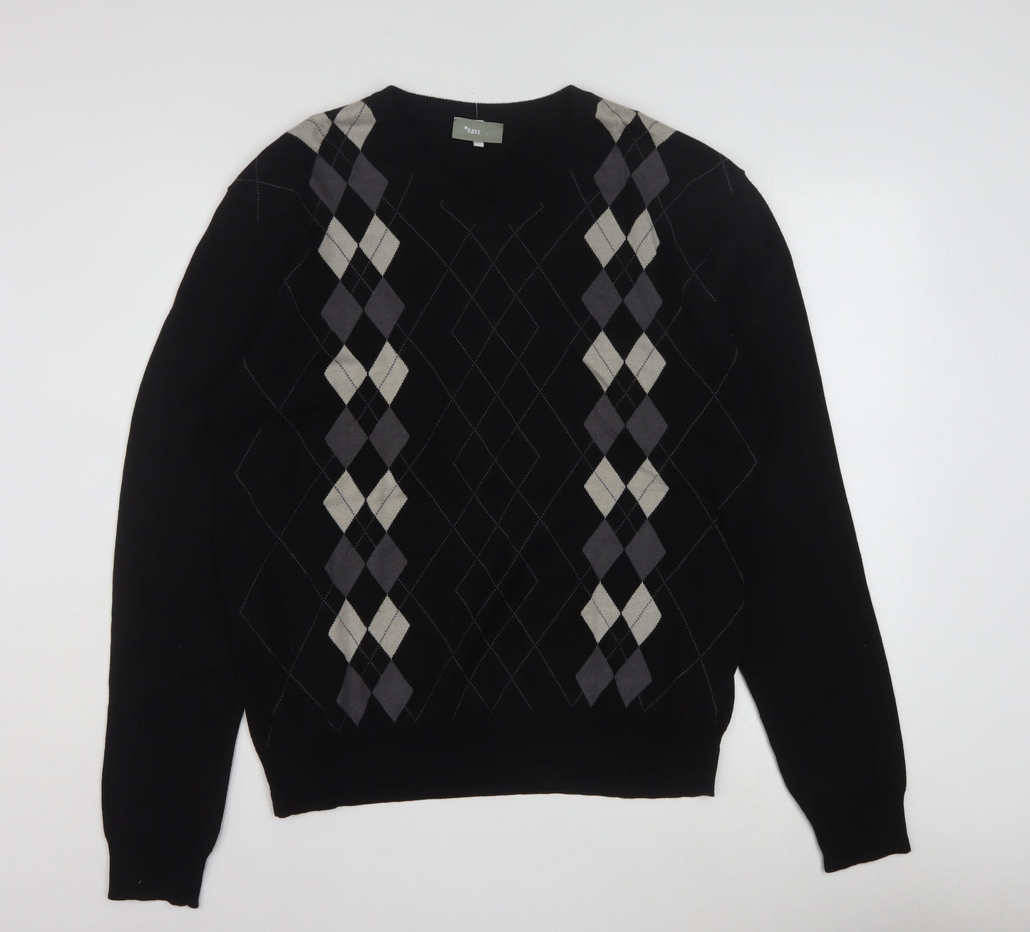 Nassmon Men's Black Argyle V-Neck Pullover Jumper Size L