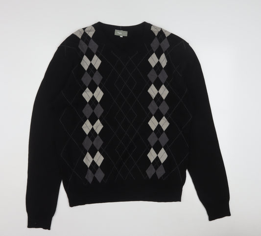 Nassmon Men's Black Argyle V-Neck Pullover Jumper Size L