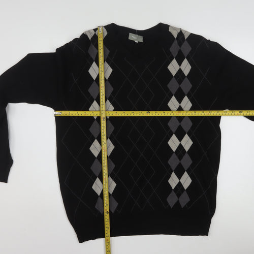 Nassmon Men's Black Argyle V-Neck Pullover Jumper Size L