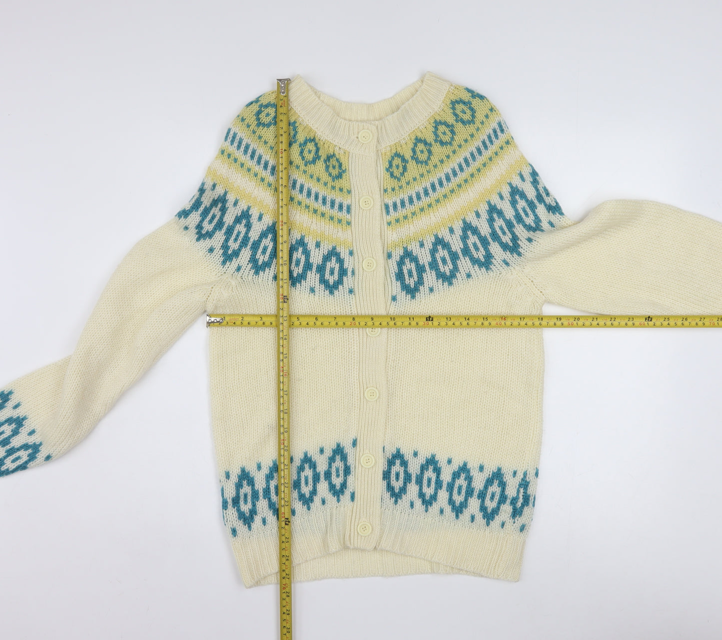 Vanderbilt Men's Ivory Fair Isle Wool Blend Button Cardigan M