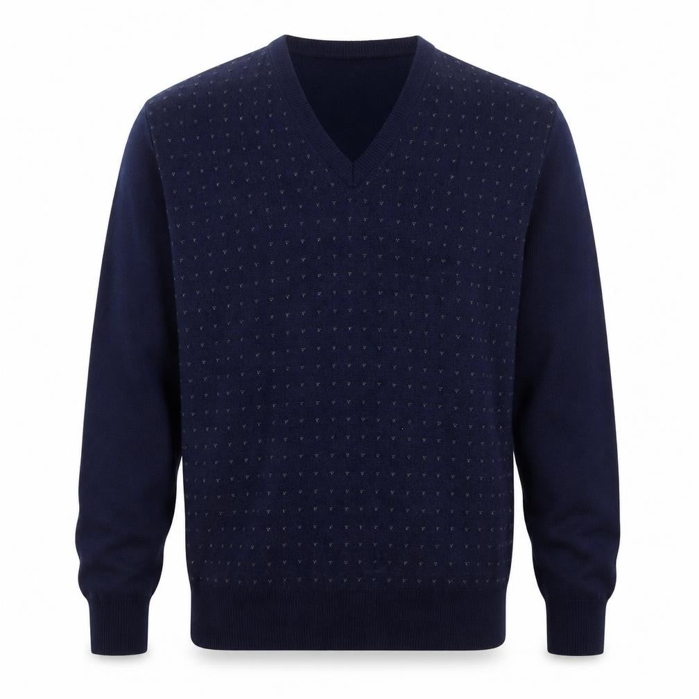 Front view of Puritan Men's Blue V-Neck jumper, size L, Vintage Acrylic Knit