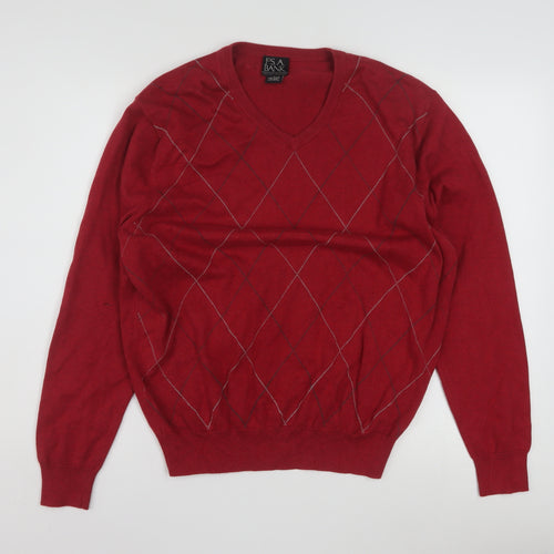 Jos. A. Bank Men’s Red Argyle V-Neck Cotton Jumper Size L