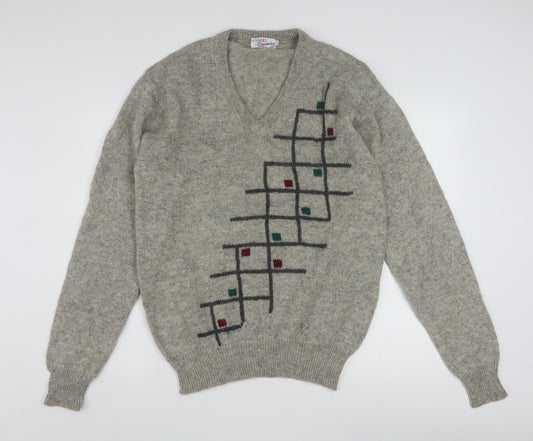 Friendship Men's Grey Wool V-Neck Geometric Pullover Jumper L