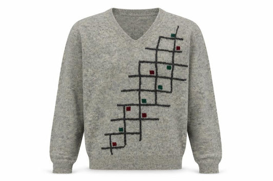 Front view of Friendship Men's Grey Wool V-Neck Geometric jumper L