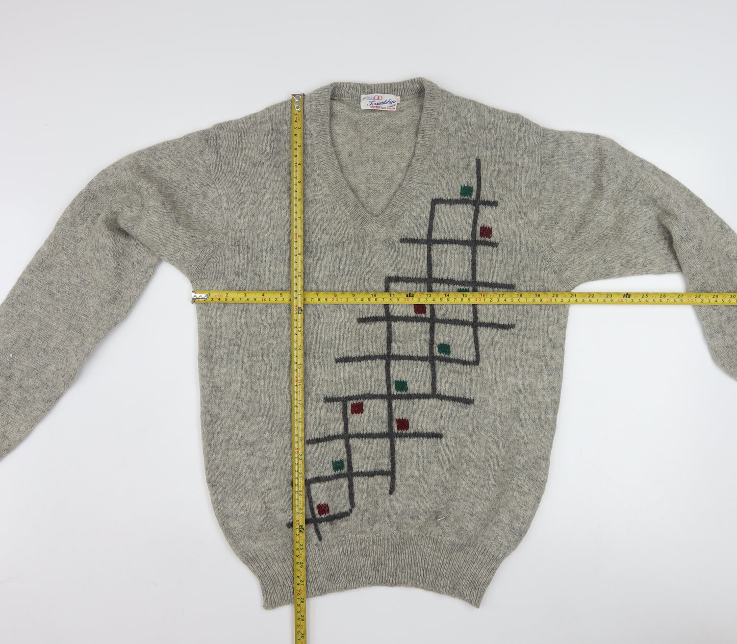 Friendship Men's Grey Wool V-Neck Geometric Pullover Jumper L