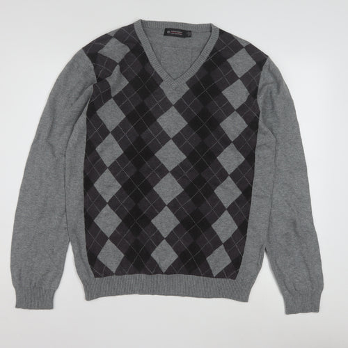 Ambassador Collection Men's Grey Argyle V-Neck Cotton Jumper Size L