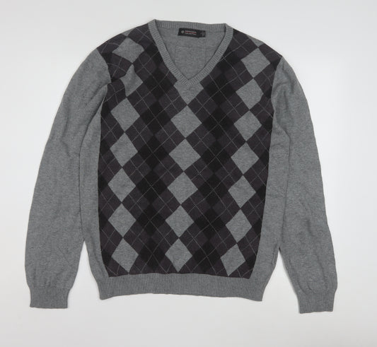Ambassador Collection Men's Grey Argyle V-Neck Cotton Jumper Size L