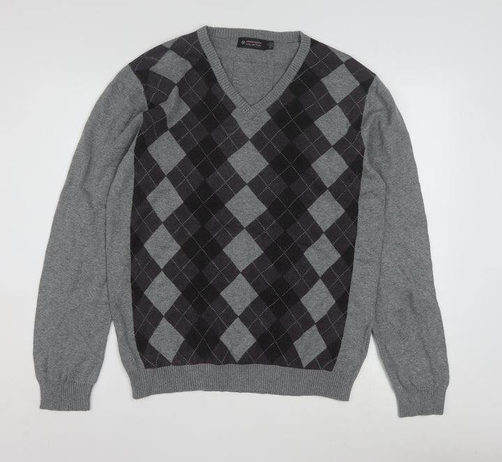 Ambassador Collection Men's Grey Argyle V-Neck Cotton Jumper Size L