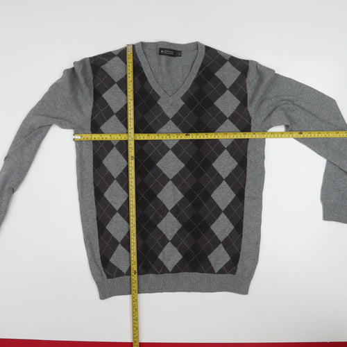 Ambassador Collection Men's Grey Argyle V-Neck Cotton Jumper Size L
