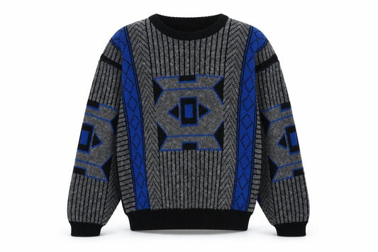 Front view of Nino Forier by Randy River Men's Blue Grey Geometric Knit Jumper M