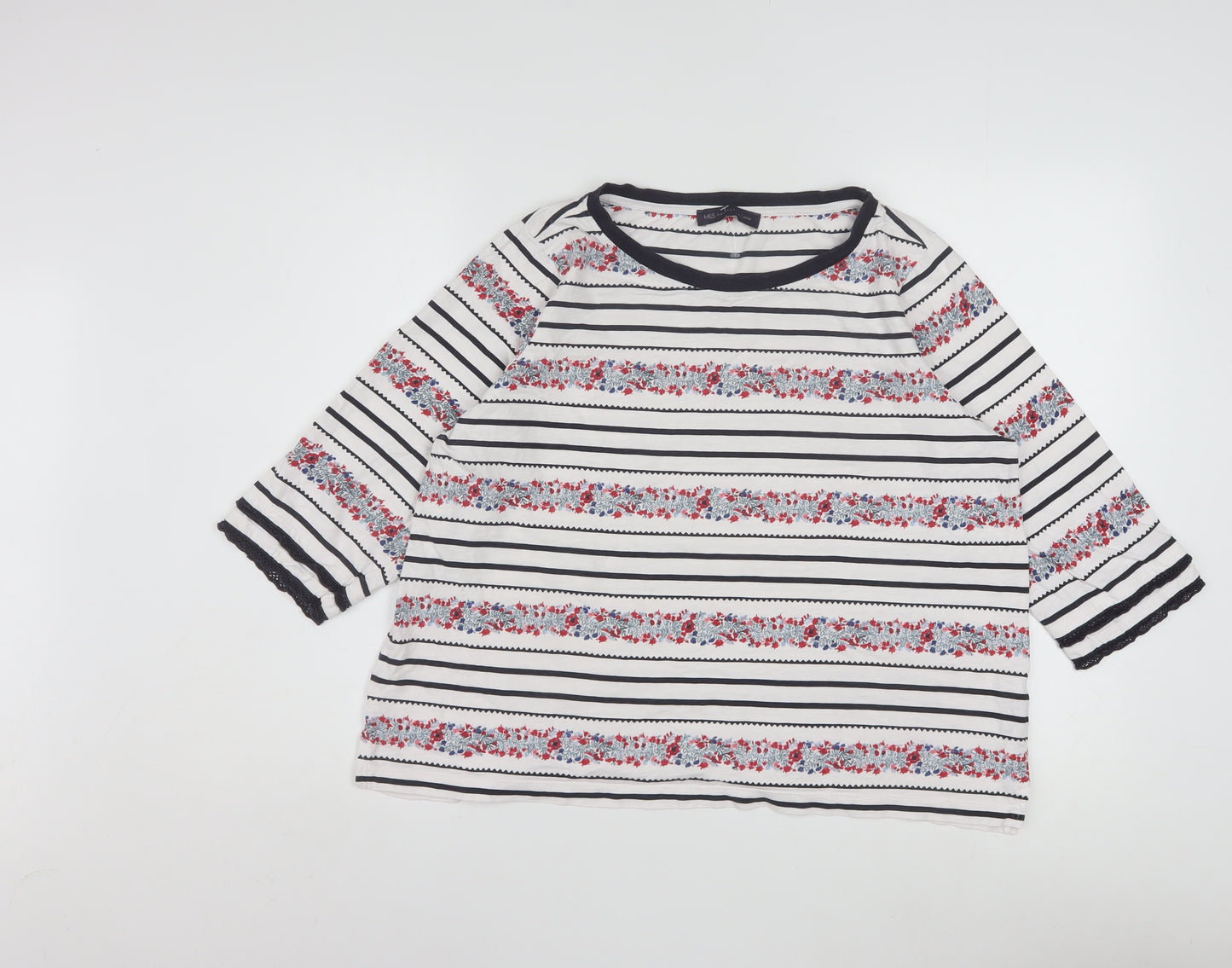 Marks and Spencer Womens Ivory Floral Stripe Cotton 3/4 Sleeve Petite T-Shirt Size 18