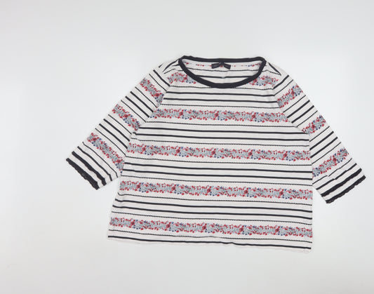 Marks and Spencer Womens Ivory Floral Stripe Cotton 3/4 Sleeve Petite T-Shirt Size 18