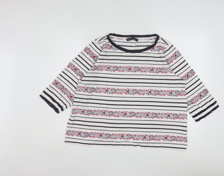 Marks and Spencer Womens Ivory Floral Stripe Cotton 3/4 Sleeve Petite T-Shirt Size 18