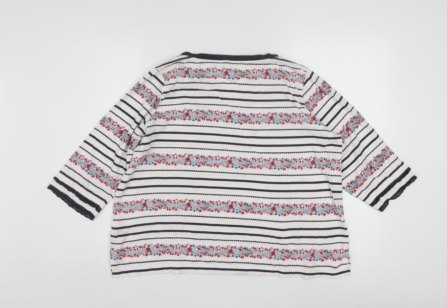 Marks and Spencer Womens Ivory Floral Stripe Cotton 3/4 Sleeve Petite T-Shirt Size 18