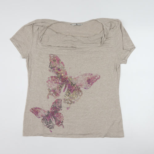 Tu Women’s Beige Butterfly Print Short Sleeve Viscose T-Shirt Size 16