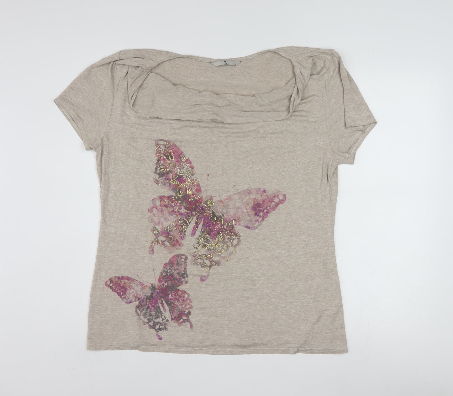 Tu Women’s Beige Butterfly Print Short Sleeve Viscose T-Shirt Size 16