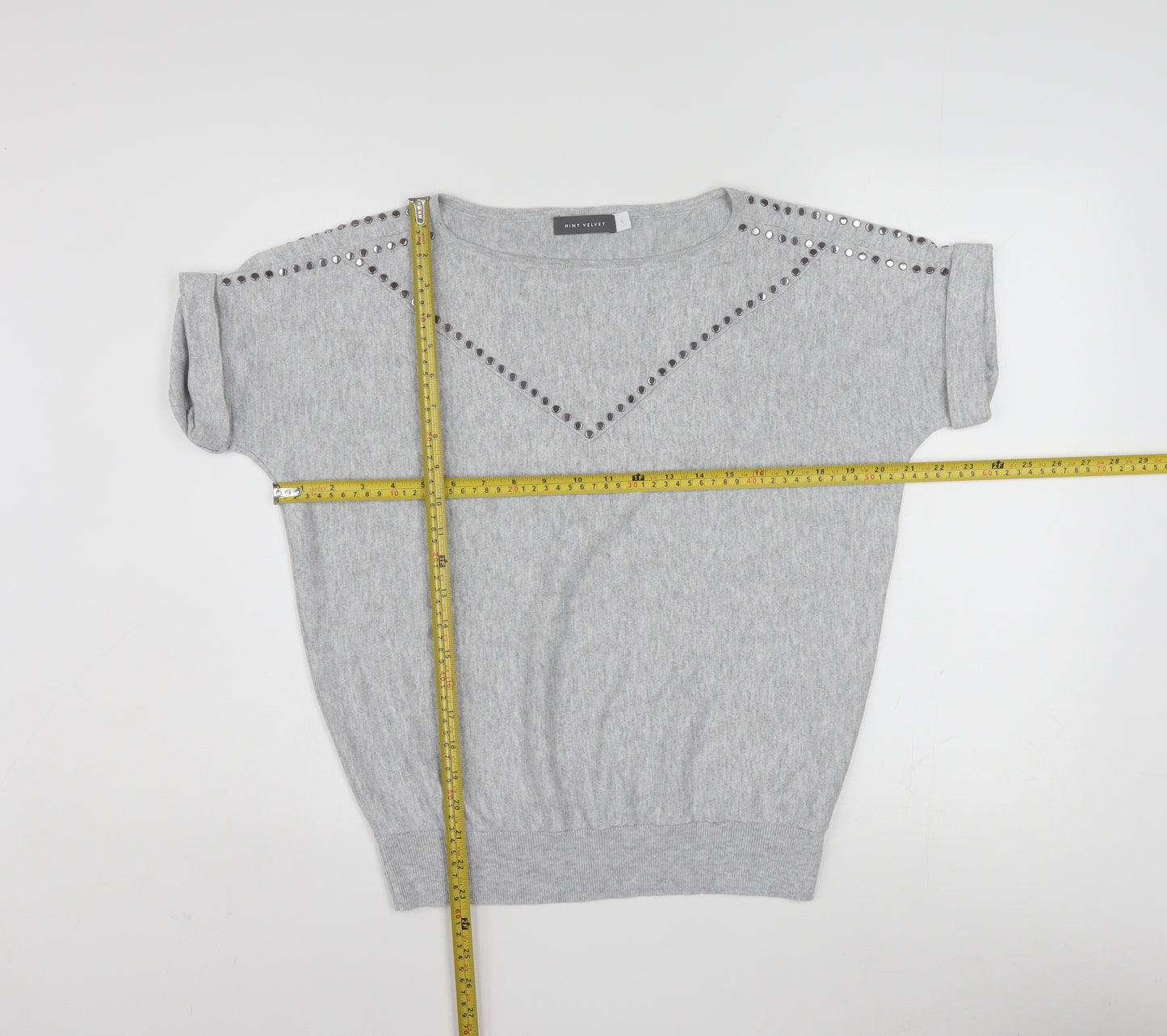 Mint Velvet Womens Grey Studded Knit Short Sleeve T-Shirt Size S