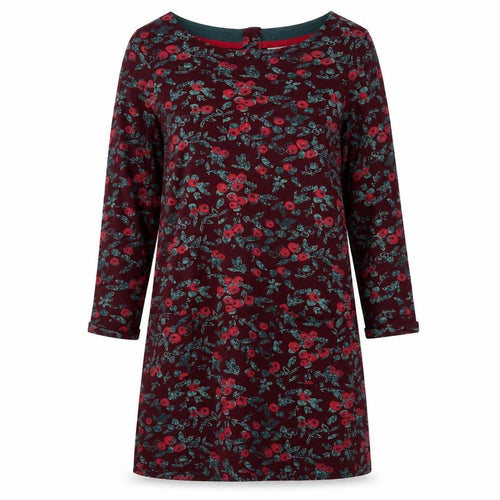 Weird Fish Women's Red Floral Tunic Top Size 10 Cotton Long Sleeve