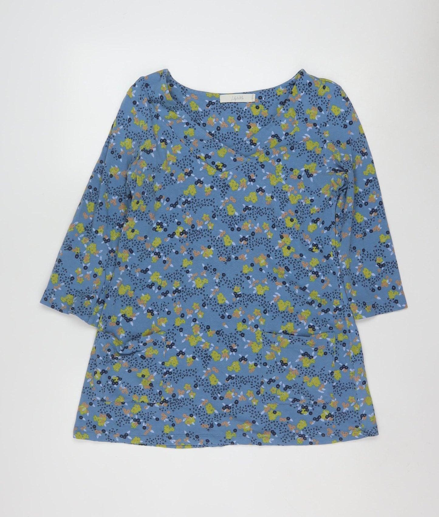 Lily & Me Women's Blue Floral Tunic Top Size 10 Cotton 3/4 Sleeve