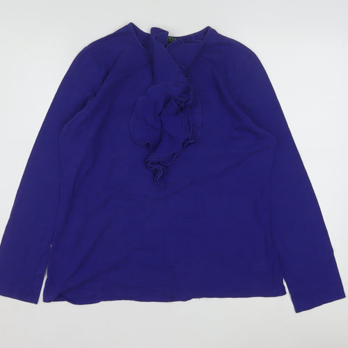Ralph Lauren Women's Blue Ruffle Long Sleeve Cotton Modal Tunic Blouse L